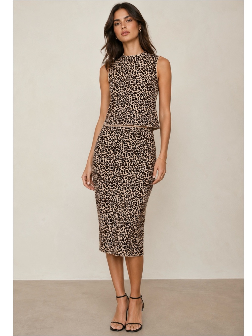 Leopard Print Mock Neck Sleeveless Top W/ Matching Pencil Skirt Set L/XL